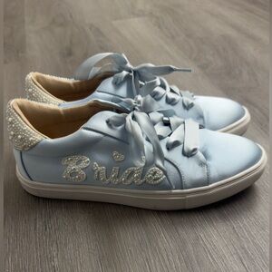 Betsey Johnson Light Blue Satin 'Bride' Pearl Embellished Sneakers